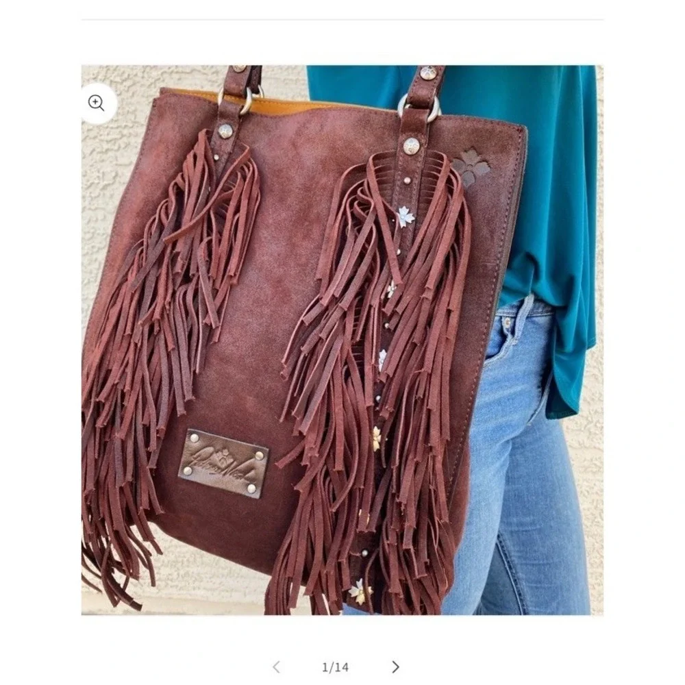 Patricia Nash Burnished Brown Suede With Fringe Tote Bag Purse Shoulder bag
